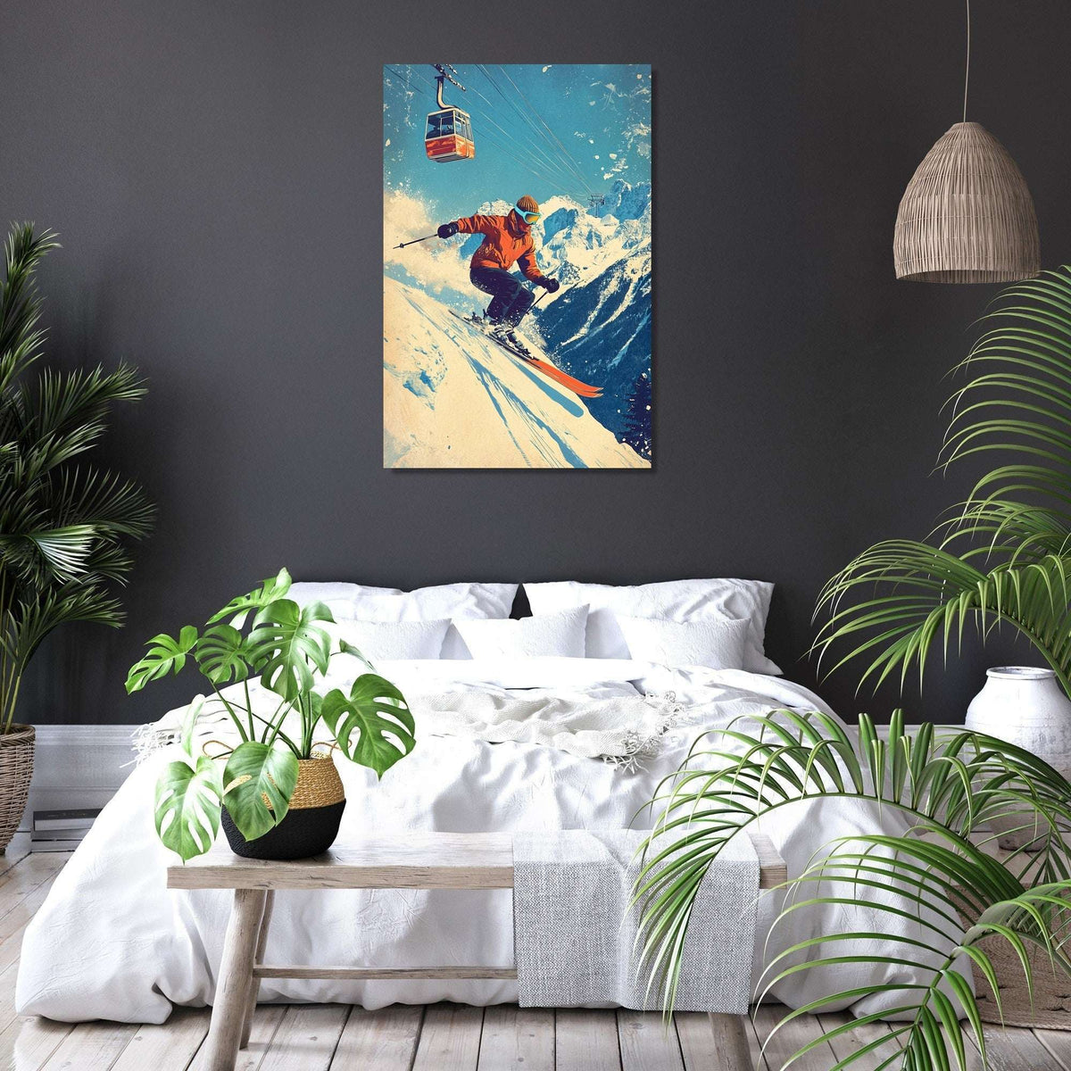 Wall Art Canvas featuring a skier in action against a mountain backdrop, perfect for winter sports enthusiasts