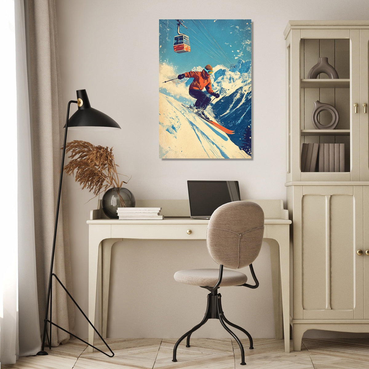 Wall Art Canvas featuring a skier navigating snowy slopes in a stylish home office setting