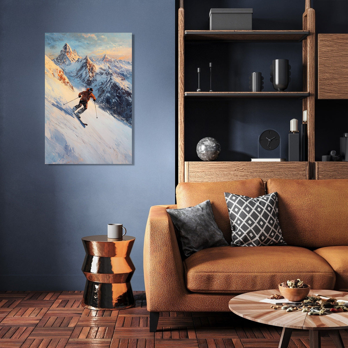Stunning Wall Art Canvas of a skier on snowy mountains, enhancing modern living room decor