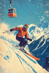 Dynamic skiing scene wall art canvas depicting a skier in vibrant orange on snowy mountains