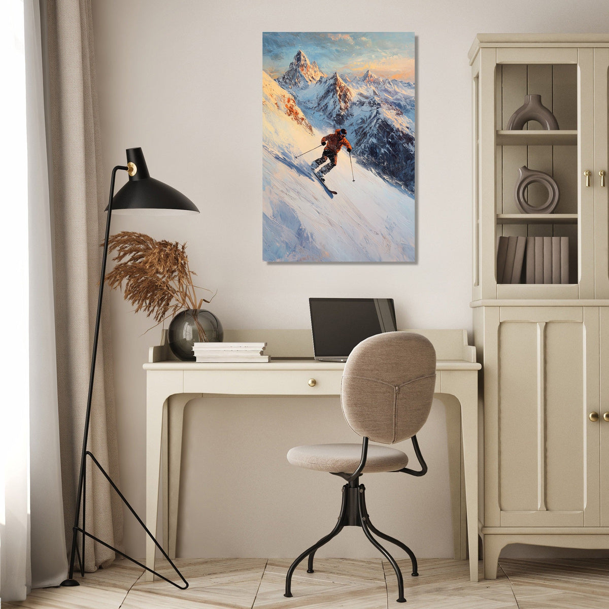 Home Art Haven Wall Art Canvas depicting a skier navigating snowy mountains in a warm sunset glow
