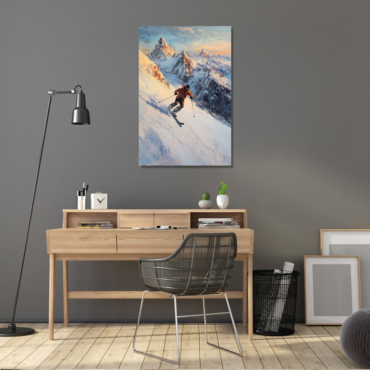 Scenic Wall Art Canvas featuring a skier on a snowy mountain slope for home decor
