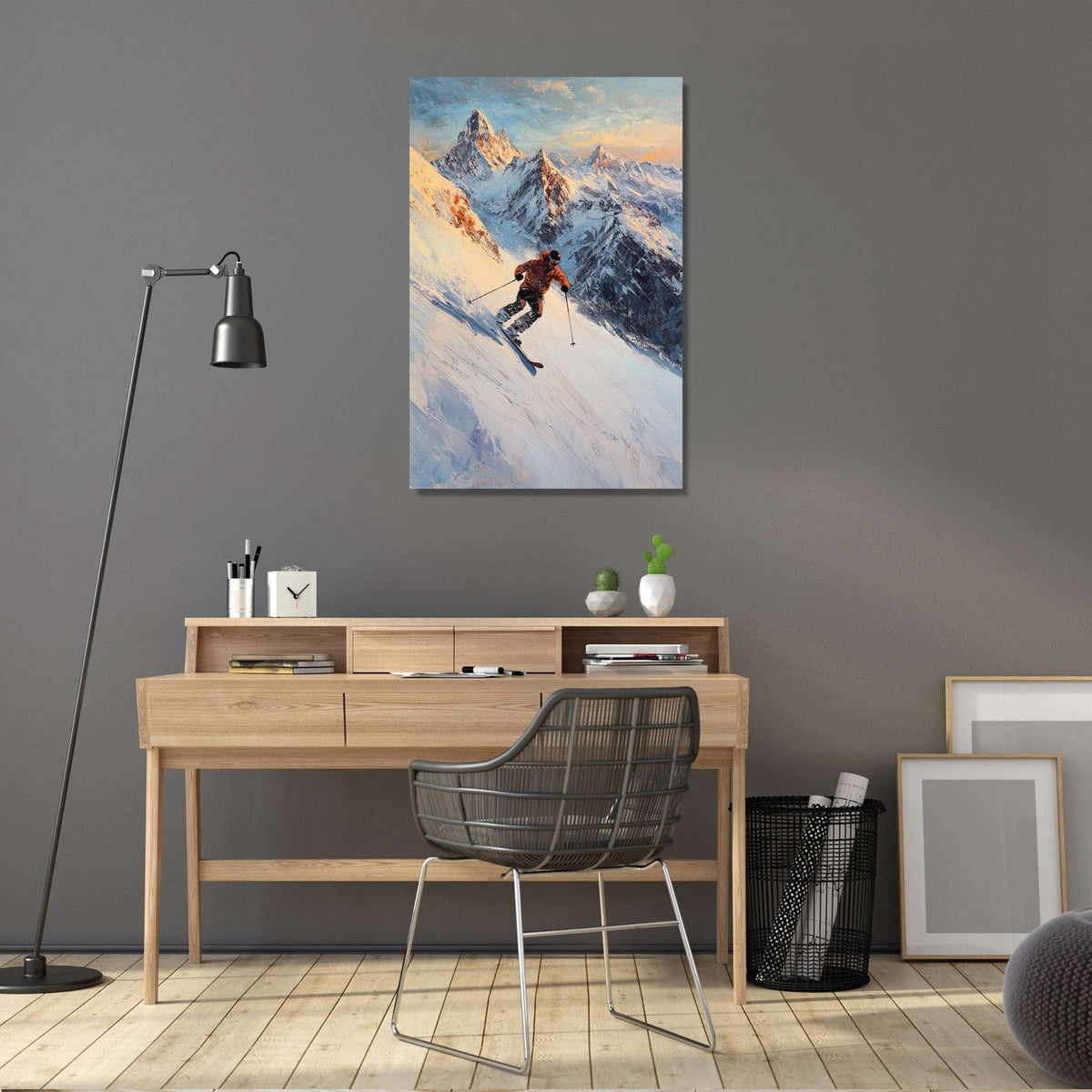 Scenic Wall Art Canvas featuring a skier on a snowy mountain slope for home decor