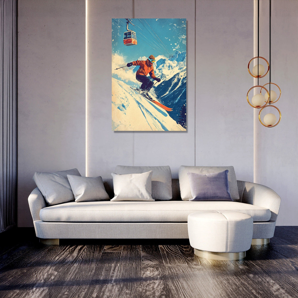 Vibrant wall art canvas featuring a skier on a snowy slope above a stylish sofa