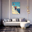 Vibrant wall art canvas featuring a skier on a snowy slope above a stylish sofa