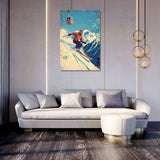 Vibrant wall art canvas featuring a skier on a snowy slope above a stylish sofa