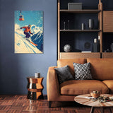 Vibrant wall art canvas featuring a skier navigating snow-covered mountains in a stylish living room