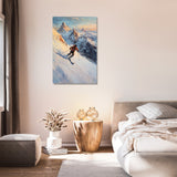 Scenic Wall Art Canvas featuring a skier in the mountains, adding elegance to any bedroom decor