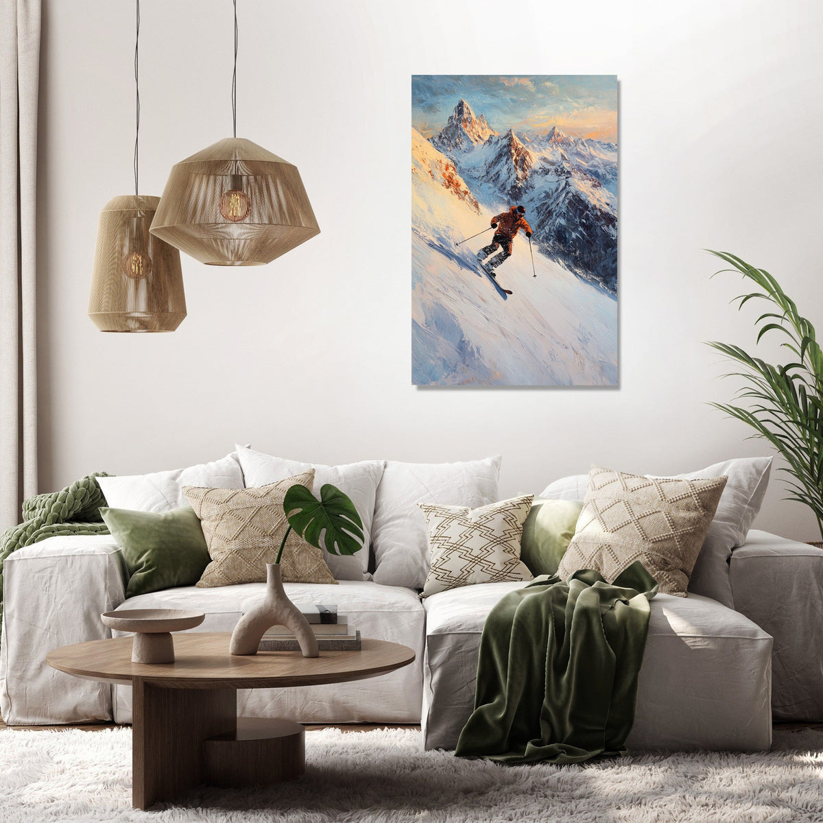 Wall Art Canvas featuring a skier on a snowy mountain landscape in a stylish living room setting