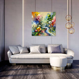 Vibrant Wall Art Canvas featuring a colourful abstract design above a modern sofa in a stylish lounge