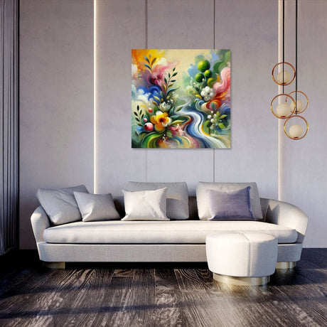 Vibrant Wall Art Canvas featuring a colourful abstract design above a modern sofa in a stylish lounge