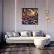 Stunning Wall Art Canvas depicting a cosmic landscape above a textured ocean in a modern living room
