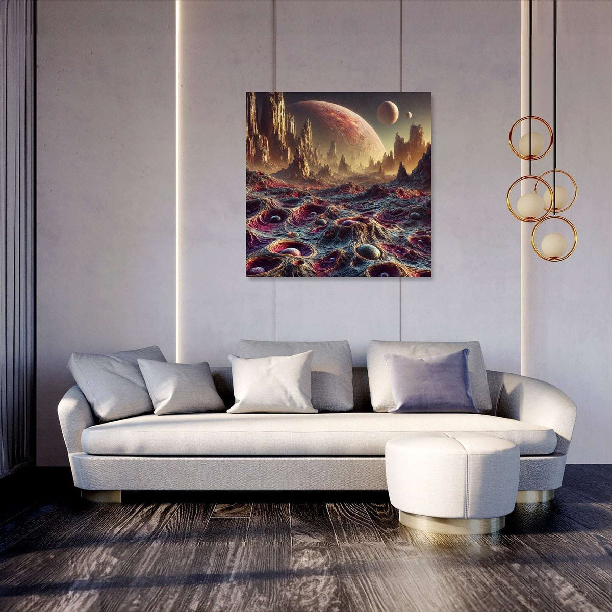 Stunning Wall Art Canvas depicting a cosmic landscape above a textured ocean in a modern living room