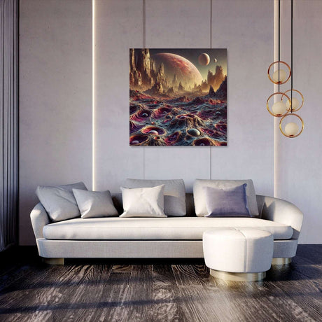 Stunning Wall Art Canvas depicting a cosmic landscape above a textured ocean in a modern living room