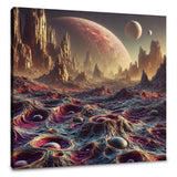Futuristic alien landscape wall art canvas featuring planets and textured terrain