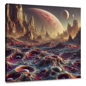 Futuristic alien landscape wall art canvas featuring planets and textured terrain