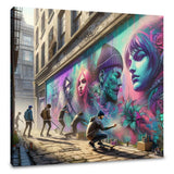Vibrant street scene with artists creating stunning Wall Art Canvas murals in an urban alley