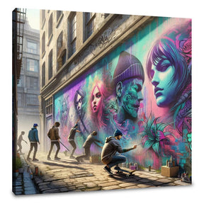 Vibrant street scene with artists creating stunning Wall Art Canvas murals in an urban alley