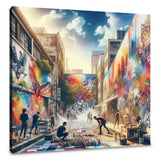 Vibrant street art scene with artists creating murals on a Wall Art Canvas, capturing urban creativity