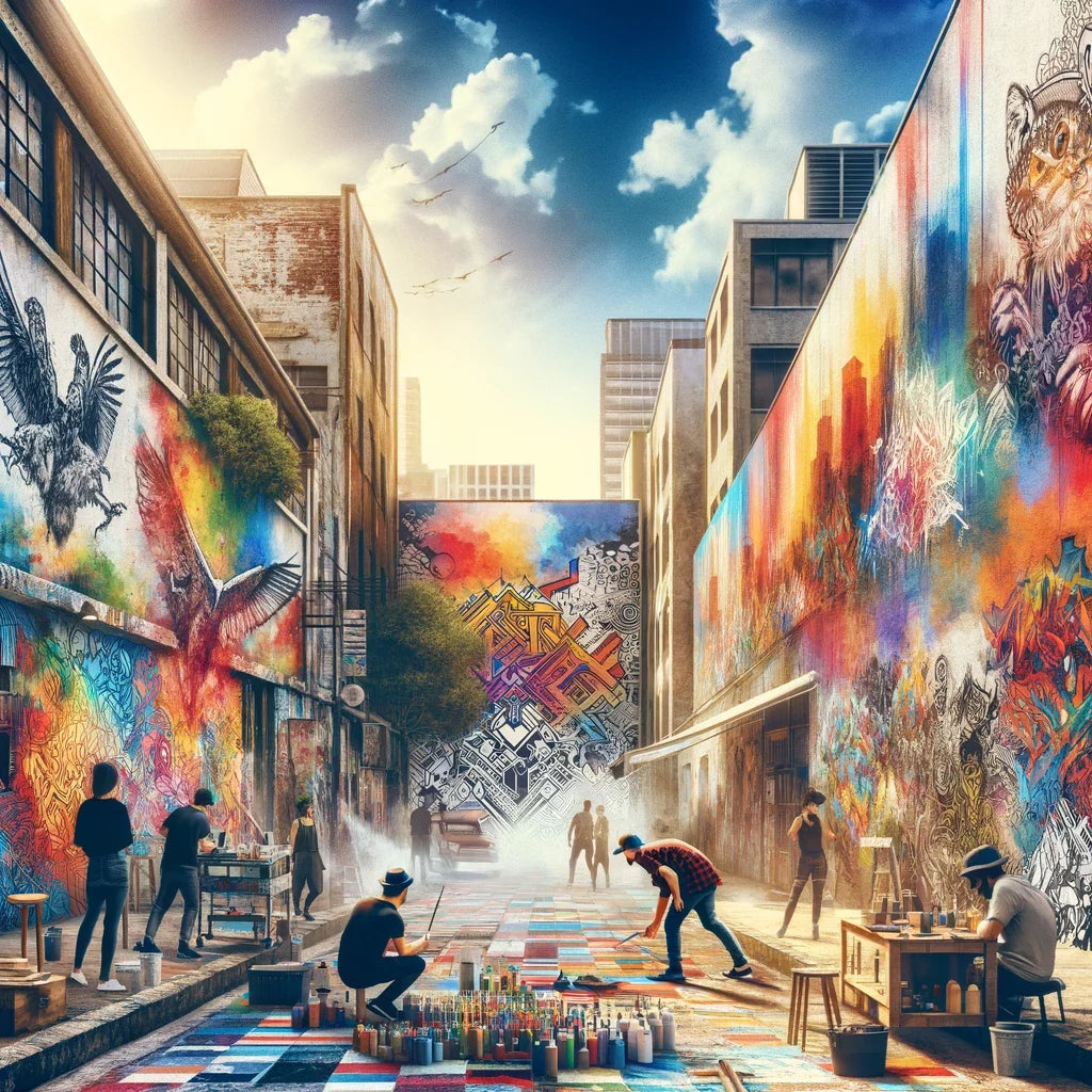 Vibrant Wall Art Canvas depicting street artists painting colourful murals in an urban alley.