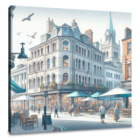 Elegant wall art canvas depicting a vibrant city square with cafes and shops in a scenic urban setting