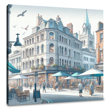 Elegant wall art canvas depicting a vibrant city square with cafes and shops in a scenic urban setting