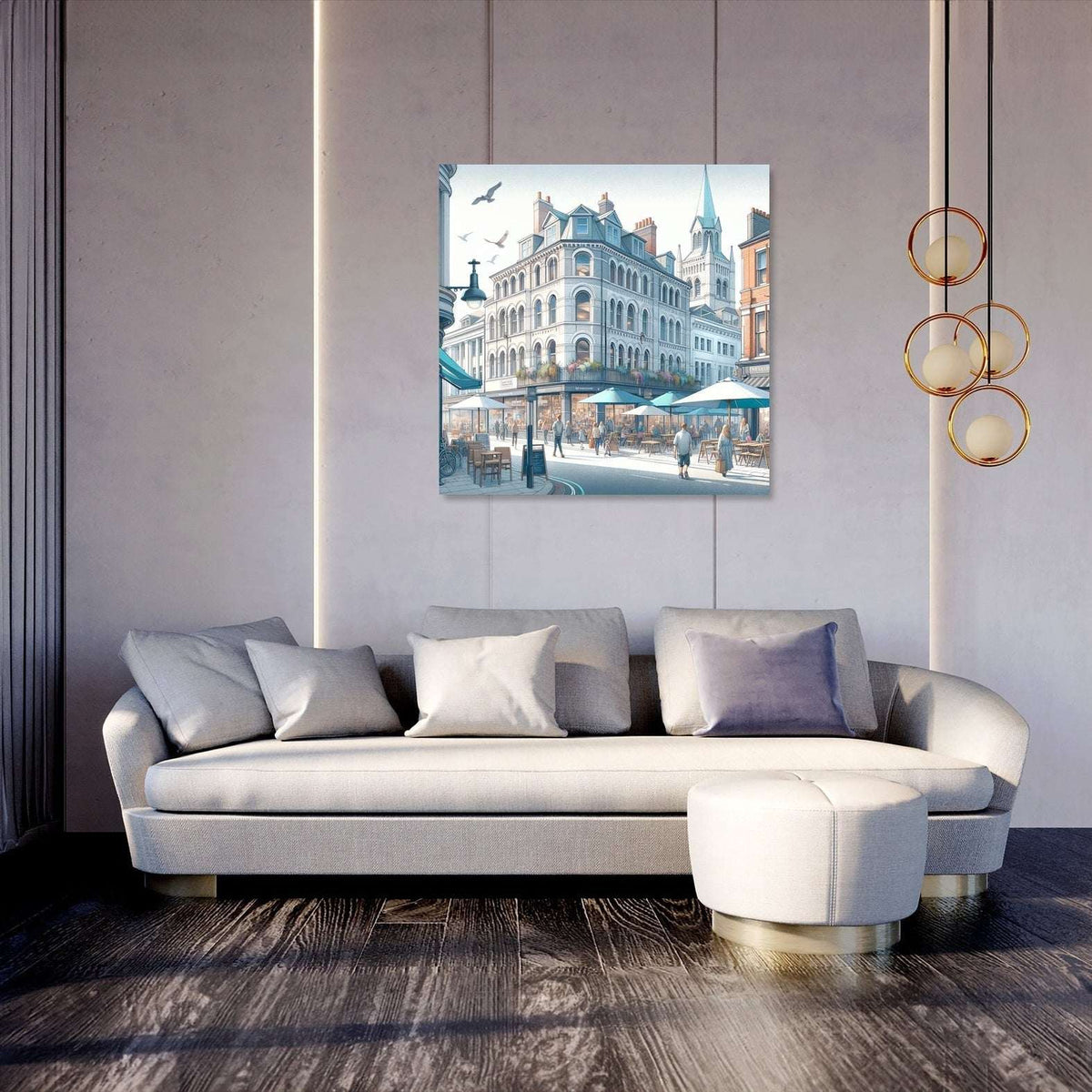 Stylish Wall Art Canvas depicting a lively street scene with buildings and people, perfect for modern homes