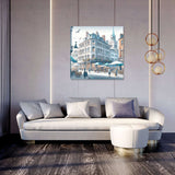 Stylish Wall Art Canvas depicting a lively street scene with buildings and people, perfect for modern homes