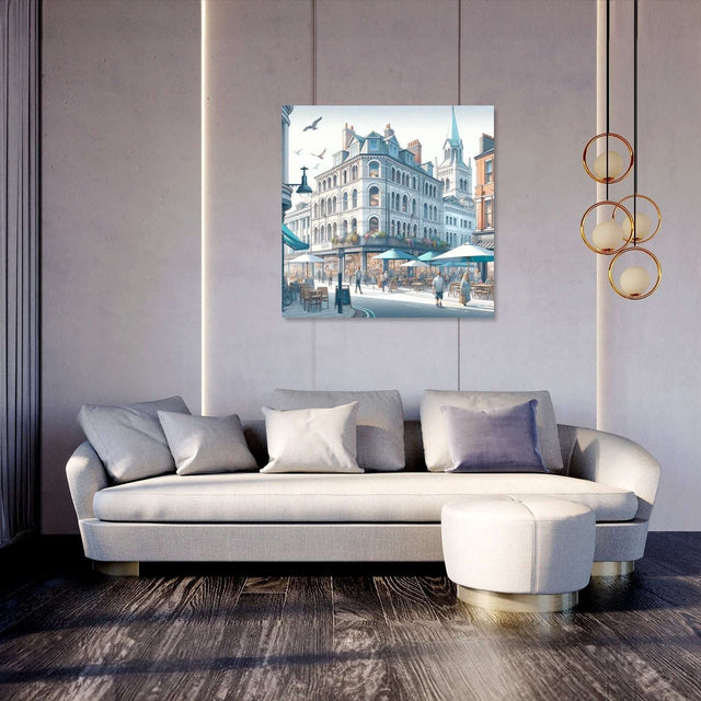 Stylish Wall Art Canvas depicting a lively street scene with buildings and people, perfect for modern homes