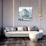 Stylish Wall Art Canvas depicting a lively street scene with buildings and people, perfect for modern homes