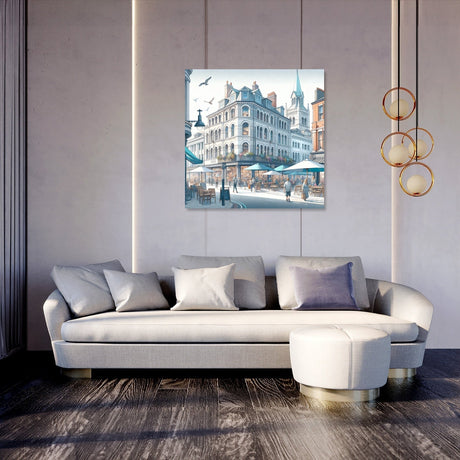 Stylish Wall Art Canvas depicting a lively street scene with buildings and people, perfect for modern homes