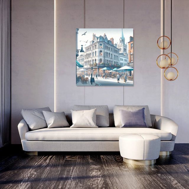 Stylish Wall Art Canvas depicting a lively street scene with buildings and people, perfect for modern homes