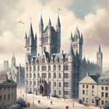 Impressive Wall Art Canvas featuring a historic castle surrounded by clouds and birds