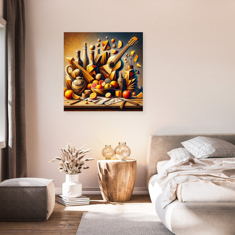 Colourful wall art canvas featuring fruits and musical instruments in a stylish living room setting