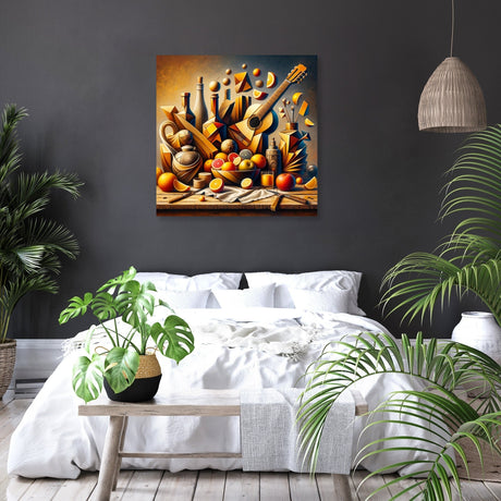 Vibrant Wall Art Canvas featuring a still life with fruits, guitar, and bottles in a modern bedroom setting