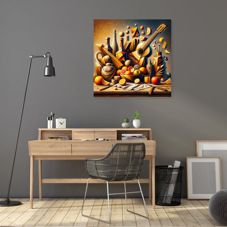 Vibrant Wall Art Canvas featuring a still life arrangement of instruments and fruit in an artistic setting
