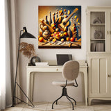 Vibrant wall art canvas featuring a guitar, fruits, and artistic elements in a stylish room setting