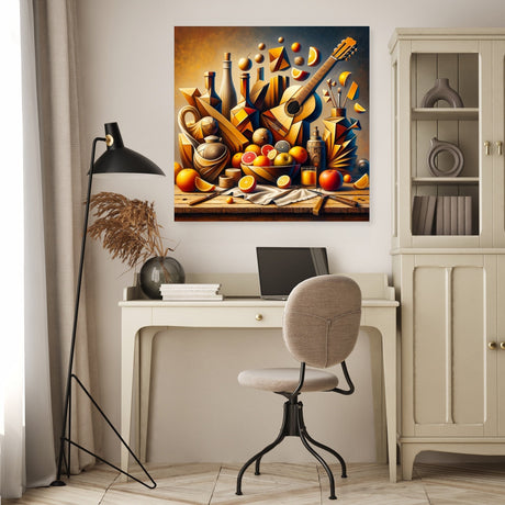 Vibrant wall art canvas featuring a guitar, fruits, and artistic elements in a stylish room setting