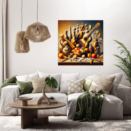 Vibrant Wall Art Canvas featuring a still life with fruits and instruments in a stylish living room setting