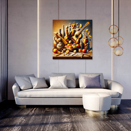 Stylish wall art canvas featuring a vibrant still life with fruits and instruments, enhancing modern living room decor