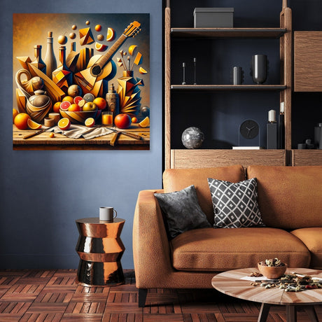Vibrant wall art canvas featuring abstract still life with fruits and musical instruments for home decor