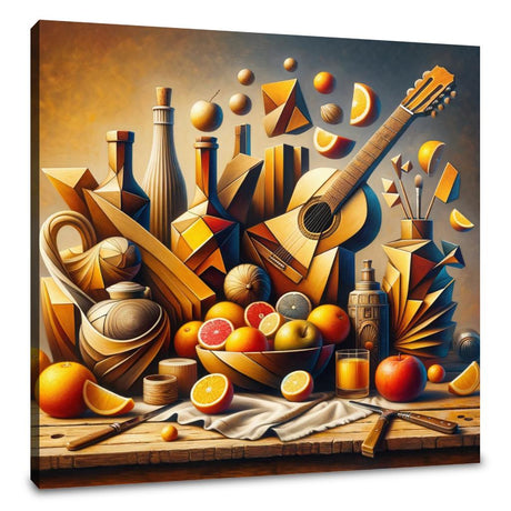 Vibrant wall art canvas featuring abstract still life with fruits, bottles, and a guitar