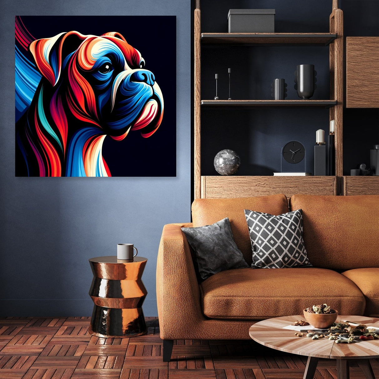 Vibrant wall art canvas featuring a colourful dog portrait in a modern living room setting