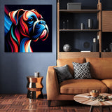 Vibrant wall art canvas featuring a colourful dog portrait in a modern living room setting