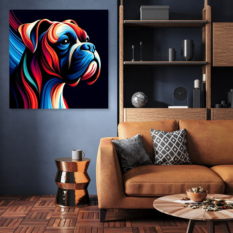 Vibrant wall art canvas featuring a colourful dog portrait in a modern living room setting