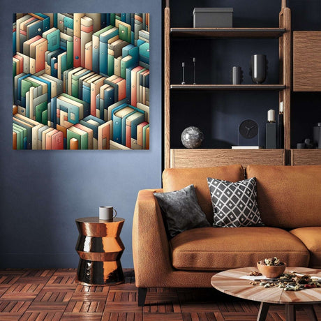 Home Art Haven Wall Art Canvas featuring colourful stacked books in a modern living room setting