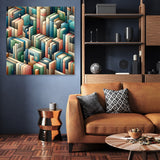 Home Art Haven Wall Art Canvas featuring colourful stacked books in a modern living room setting