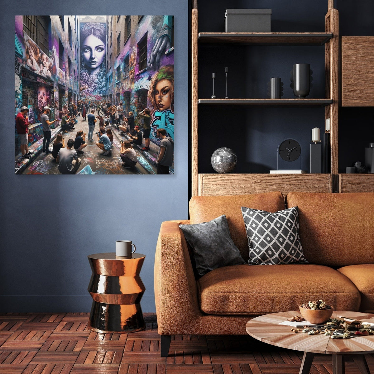 Vibrant Wall Art Canvas featuring an urban scene with street art, perfect for modern interiors