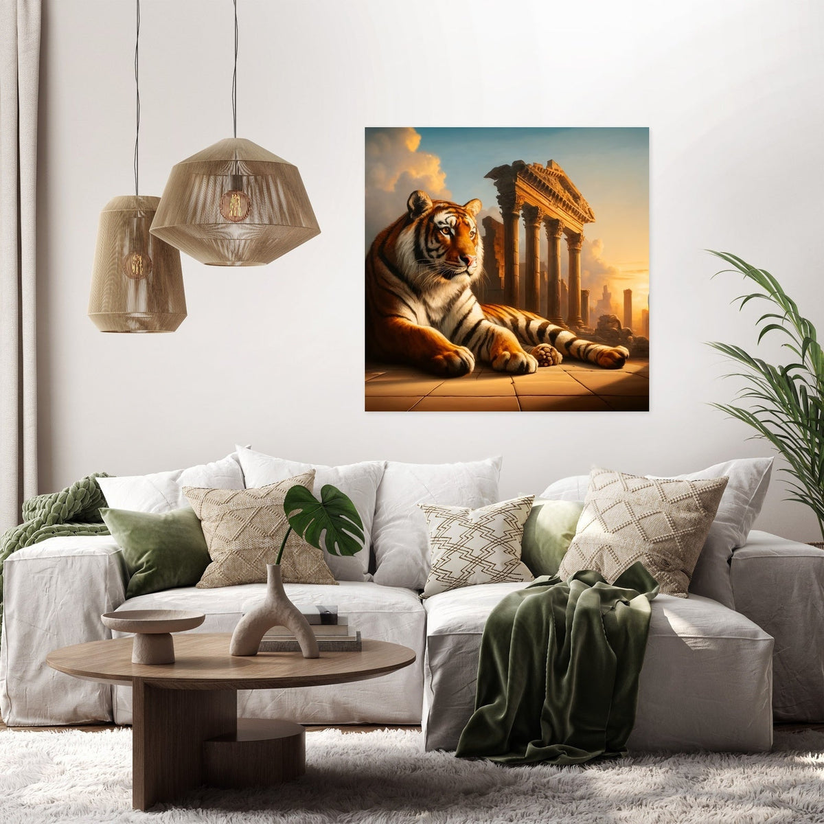Stunning wall art canvas featuring a majestic tiger in front of ancient ruins, perfect for home decor