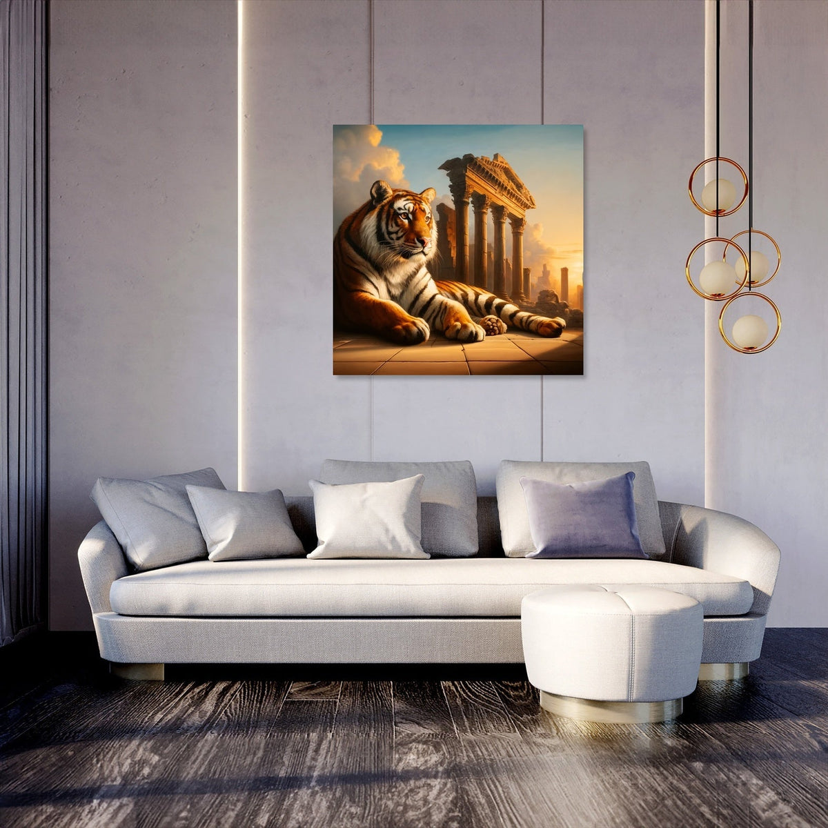 Elegant wall art canvas featuring a tiger lounging in front of ancient ruins for modern decor